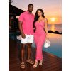 Vacation Couple Outfit Floral Leaf Textured Jacquard Print Spaghetti Strap Maxi Bodycon Dress and Shirt Set - Rose Vif S | US 4