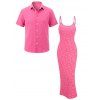Vacation Couple Outfit Floral Leaf Textured Jacquard Print Spaghetti Strap Maxi Bodycon Dress and Shirt Set - Rose Vif S | US 4