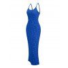 Vacation Couple Outfit Floral Leaf Textured Jacquard Print Spaghetti Strap Maxi Bodycon Dress and Shirt Set - Bleu S | US 4