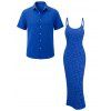 Vacation Couple Outfit Floral Leaf Textured Jacquard Print Spaghetti Strap Maxi Bodycon Dress and Shirt Set - Bleu S | US 4