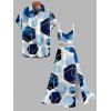 Vacation Couple Outfit Blue Ink Wash Gold Trim Hexagon Geometric Print Lace Hollow Out Slit Dress and Shirt Set - Bleu S | US 4