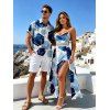 Vacation Couple Outfit Blue Ink Wash Gold Trim Hexagon Geometric Print Lace Hollow Out Slit Dress and Shirt Set - Bleu S | US 4
