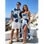 Vacation Couple Outfit Blue Ink Wash Gold Trim Hexagon Geometric Print Lace Hollow Out Slit Dress and Shirt Set - Bleu S | US 4
