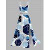 Vacation Couple Outfit Blue Ink Wash Gold Trim Hexagon Geometric Print Lace Hollow Out Slit Dress and Shirt Set - Bleu S | US 4