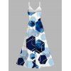 Vacation Couple Outfit Blue Ink Wash Gold Trim Hexagon Geometric Print Lace Hollow Out Slit Dress and Shirt Set - Bleu S | US 4