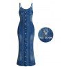 Casual Dress Faux Denim Print Spaghetti Strap Maxi Bodycon Dress - Bleu Toile de Jean L | US 8-10