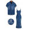 Casual Couple Outfit Faux Denim Print Spaghetti Strap Maxi Bodycon Dress and Shirt Set - Bleu Toile de Jean S | US 4