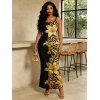 Vacation Dress Contract Color Lily Floral Leopard Print Spaghetti Strap Maxi Bodycon Dress - Noir XXL | US 14