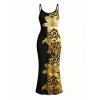 Vacation Dress Contract Color Lily Floral Leopard Print Spaghetti Strap Maxi Bodycon Dress - Noir XXL | US 14