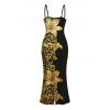 Vacation Dress Contract Color Lily Floral Leopard Print Spaghetti Strap Maxi Bodycon Dress - Noir XXL | US 14