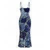 Vacation Dress Faux Denim Patchwork Leaf Print Spaghetti Strap Maxi Bodycon Dress - Bleu profond XXXXL | US 18