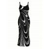 Vacation Dress Monochrome Fluid Swirl Ombre Print Spaghetti Strap Maxi Bodycon Dress - Noir XXL | US 14