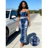 Vacation Dress Distressed Faux Denim Print Spaghetti Strap Maxi Bodycon Dress - Bleu profond XXL | US 14