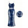 Vacation Couple Outfit Distressed Faux Denim Print Spaghetti Strap Maxi Bodycon Dress and Shirt Set - Bleu profond S | US 4