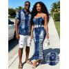 Vacation Couple Outfit Distressed Faux Denim Print Spaghetti Strap Maxi Bodycon Dress and Shirt Set - Bleu profond S | US 4