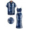 Vacation Couple Outfit Distressed Faux Denim Print Spaghetti Strap Maxi Bodycon Dress and Shirt Set - Bleu profond S | US 4