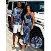 Vacation Couple Outfit Faux Denim Patchwork Leaf Print Spaghetti Strap Maxi Bodycon Dress and Shirt Set - Bleu profond S | US 4