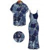 Vacation Couple Outfit Faux Denim Patchwork Leaf Print Spaghetti Strap Maxi Bodycon Dress and Shirt Set - Bleu profond S | US 4