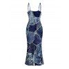 Vacation Couple Outfit Faux Denim Patchwork Leaf Print Spaghetti Strap Maxi Bodycon Dress and Shirt Set - Bleu profond S | US 4