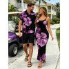 Vacation Couple Outfit Contrast Color Hibiscus Floral Pattern Spaghetti Strap Maxi Bodycon Dress and Shirt Set - Noir S | US 4