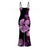 Vacation Couple Outfit Contrast Color Hibiscus Floral Pattern Spaghetti Strap Maxi Bodycon Dress and Shirt Set - Noir S | US 4