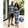 Vintage Couple Outfit Ombre Faux Denim Zig Zag Print Spaghetti Strap Maxi Bodycon Dress and Shirt Set - Bleu S | US 4