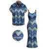 Vintage Couple Outfit Ombre Faux Denim Zig Zag Print Spaghetti Strap Maxi Bodycon Dress and Shirt Set - Bleu S | US 4