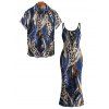 Vintage Couple Outfit Mixed Color Leopard Fluid Print Spaghetti Strap Maxi Bodycon Dress and Shirt Set - Bleu profond S | US 4