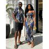 Vintage Couple Outfit Mixed Color Leopard Fluid Print Spaghetti Strap Maxi Bodycon Dress and Shirt Set - Bleu profond S | US 4