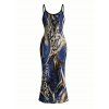 Vintage Couple Outfit Mixed Color Leopard Fluid Print Spaghetti Strap Maxi Bodycon Dress and Shirt Set - Bleu profond S | US 4
