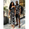 Vacation Couple Outfit Monochrome Fluid Swirl Ombre Print Spaghetti Strap Maxi Bodycon Dress and Shirt Set - Noir S | US 4