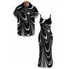 Vacation Couple Outfit Monochrome Fluid Swirl Ombre Print Spaghetti Strap Maxi Bodycon Dress and Shirt Set - Noir S | US 4