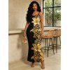Vacation Couple Outfit Contract Color Lily Floral Leopard Print Spaghetti Strap Maxi Bodycon Dress and Shirt Set - Noir S | US 4