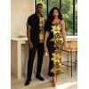 Vacation Couple Outfit Contract Color Lily Floral Leopard Print Spaghetti Strap Maxi Bodycon Dress and Shirt Set - Noir S | US 4