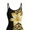 Vacation Couple Outfit Contract Color Lily Floral Leopard Print Spaghetti Strap Maxi Bodycon Dress and Shirt Set - Noir S | US 4
