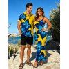 Vacation Couple Outfit Yellow Base Lily Floral Print Spaghetti Strap Maxi Bodycon Dress and Shirt Set - Jaune S | US 4