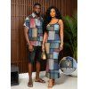 Vintage Couple Outfit Colored Distressed Faux Denim Patch Plaid Print Spaghetti Strap Maxi Bodycon Dress and Shirt Set - Bleu gris S | US 4