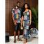 Vintage Couple Outfit Colored Distressed Faux Denim Patch Plaid Print Spaghetti Strap Maxi Bodycon Dress and Shirt Set - Bleu gris S | US 4