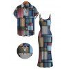 Vintage Couple Outfit Colored Distressed Faux Denim Patch Plaid Print Spaghetti Strap Maxi Bodycon Dress and Shirt Set - Bleu gris S | US 4