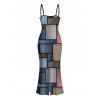 Vintage Couple Outfit Colored Distressed Faux Denim Patch Plaid Print Spaghetti Strap Maxi Bodycon Dress and Shirt Set - Bleu gris S | US 4