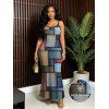 Vintage Couple Outfit Colored Distressed Faux Denim Patch Plaid Print Spaghetti Strap Maxi Bodycon Dress and Shirt Set - Bleu gris S | US 4