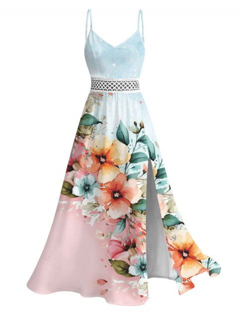 Vacation Dress Ombre Floral Leaf Print Lace Hollow Out Spaghetti Strap Slit Dress