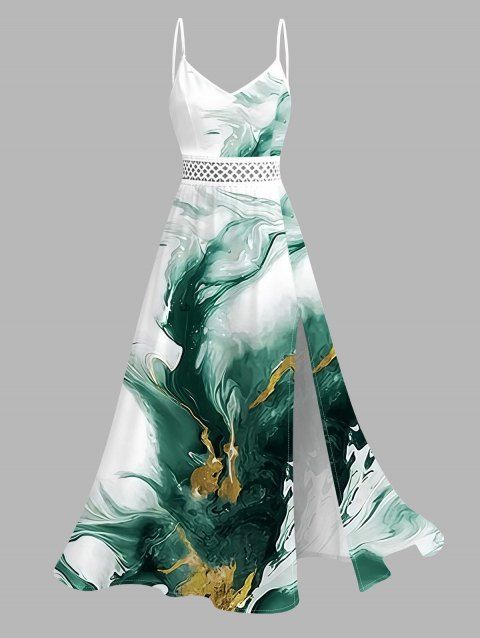 Vacation Dress Metallic Gold Fluid Smudge Ombre Print Lace Hollow Out Spaghetti Strap Slit Dress