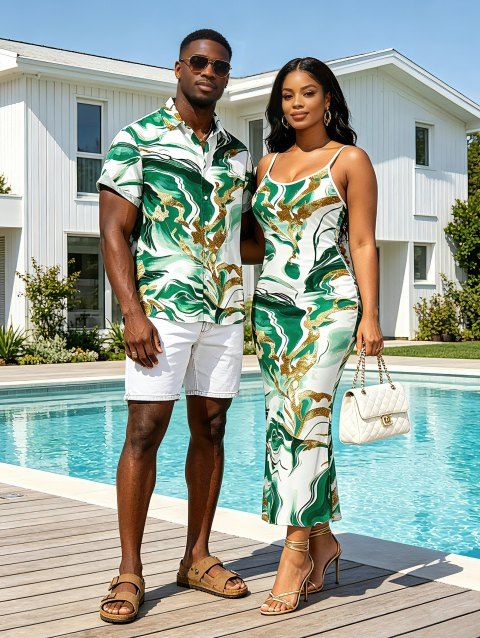 Vacation Couple Outfit Marble Fluid Swirl Tie Dye Print Bodycon Mermaid Maxi Dress and Shirt Set