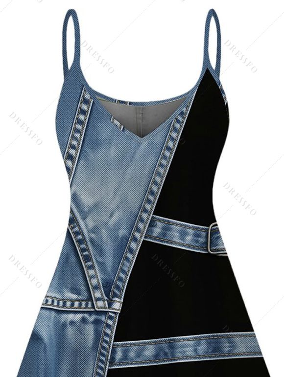 Casual Dress Faux Denim Colorblock Print Spaghetti Strap Mini Dress - Bleu Toile de Jean XXXXXL | US 20