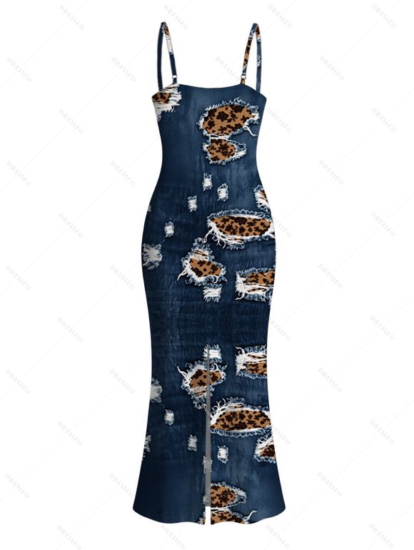 Casual Dress Faux Demin Distressed Leopard Print Spaghetti Strap Maxi Bodycon Dress - Bleu de Minuit XXL | US 14