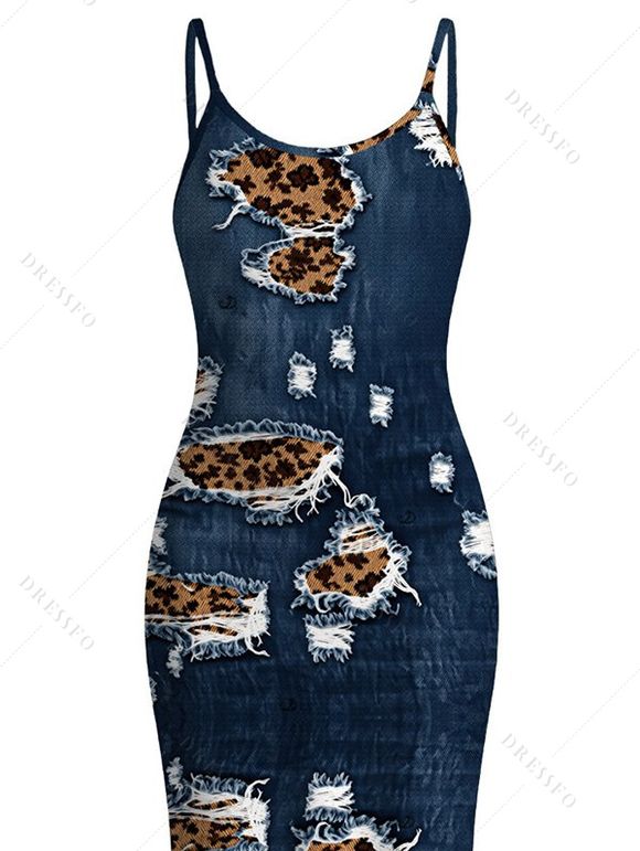 Casual Dress Faux Demin Distressed Leopard Print Spaghetti Strap Maxi Bodycon Dress - Bleu de Minuit XXL | US 14