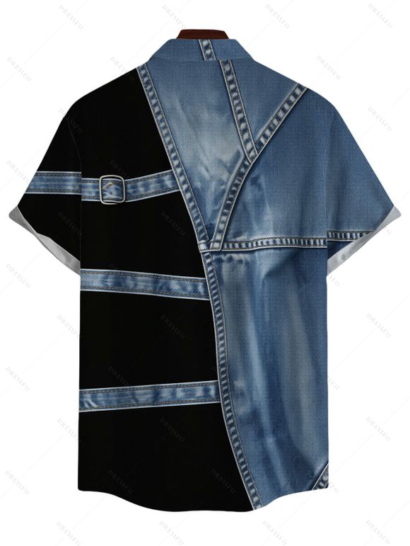 Men's Casual Shirt Faux Denim Colorblock Print Button Up Shirt - Bleu Toile de Jean 5XL