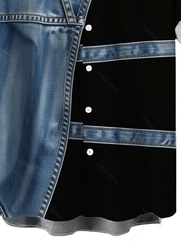 Men's Casual Shirt Faux Denim Colorblock Print Button Up Shirt - Bleu Toile de Jean 5XL