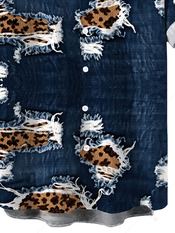Men's Casual Shirt Faux Demin Distressed Leopard Print Button Up Shirt - Bleu de Minuit 5XL